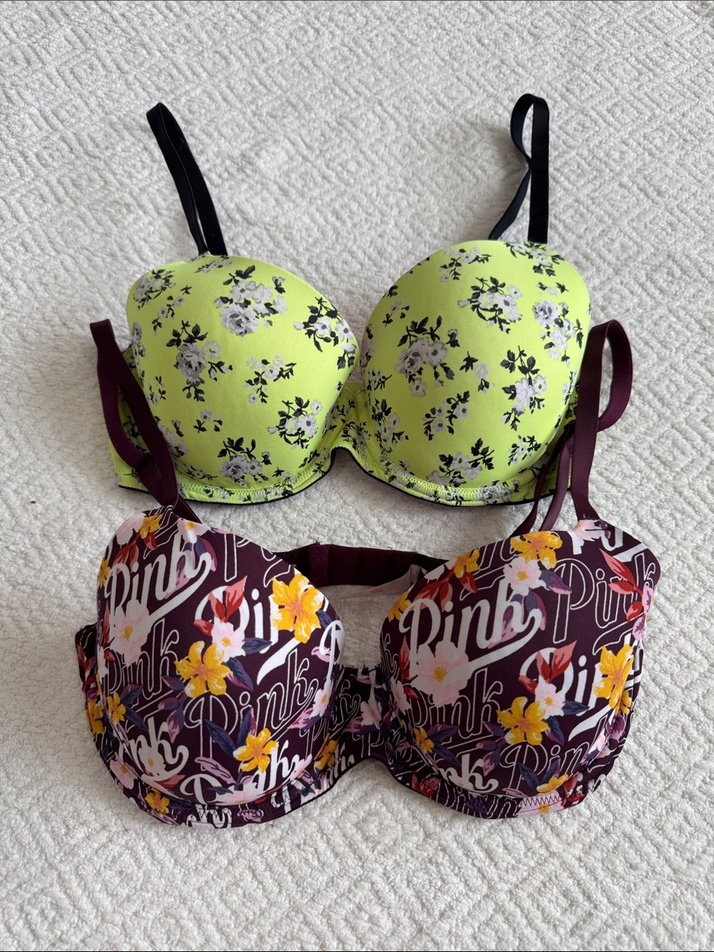 2 PINK Victoria's Secret Floral Bra and  Lime Green Floral Sz 34D